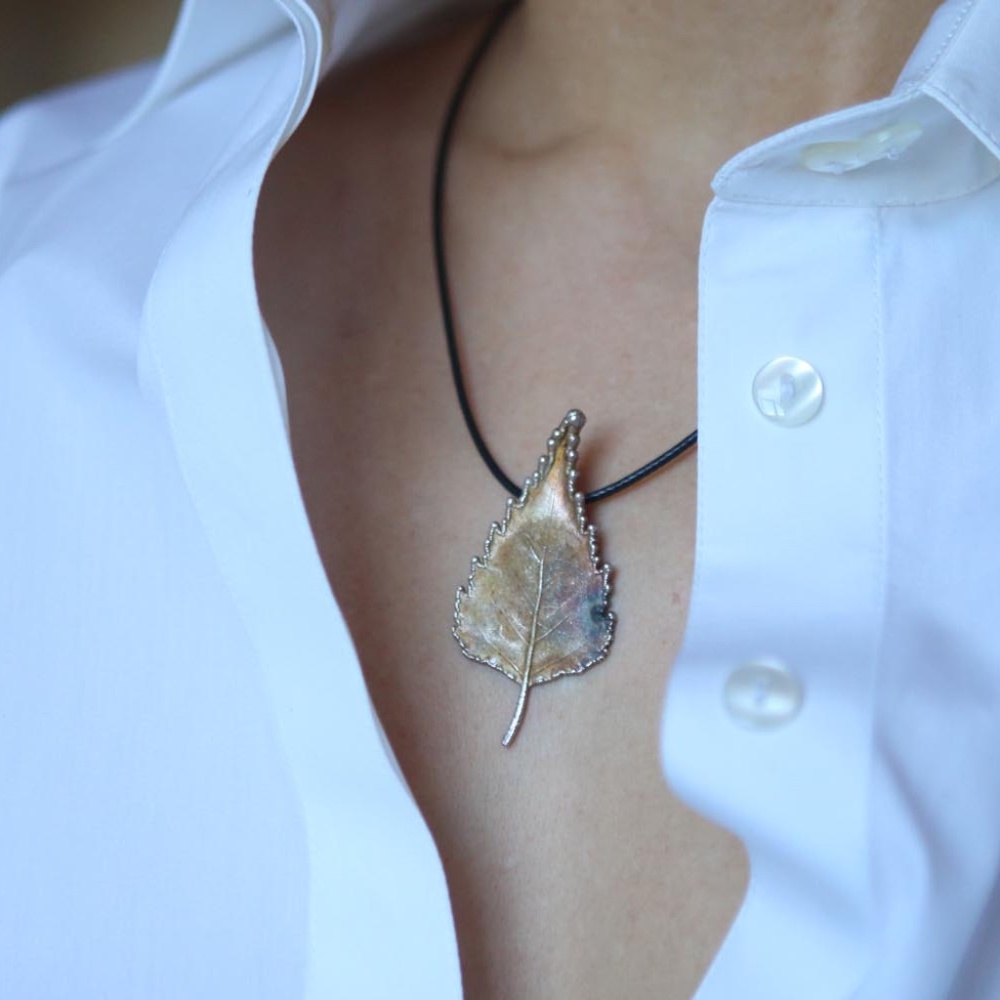 Birch leaf pendant in colored silver